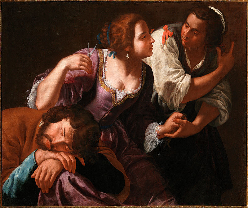 White woman dressed in 17th c. garb, holding scissors in the center. A white man with a beard and longish hair is asleep on her lap. She is talking to a darker-skinned (Black?) person who is likely coded female (but it's not immediately clear), and holding their hand, while that person is pointing over their shoulder, out of our line of sight.